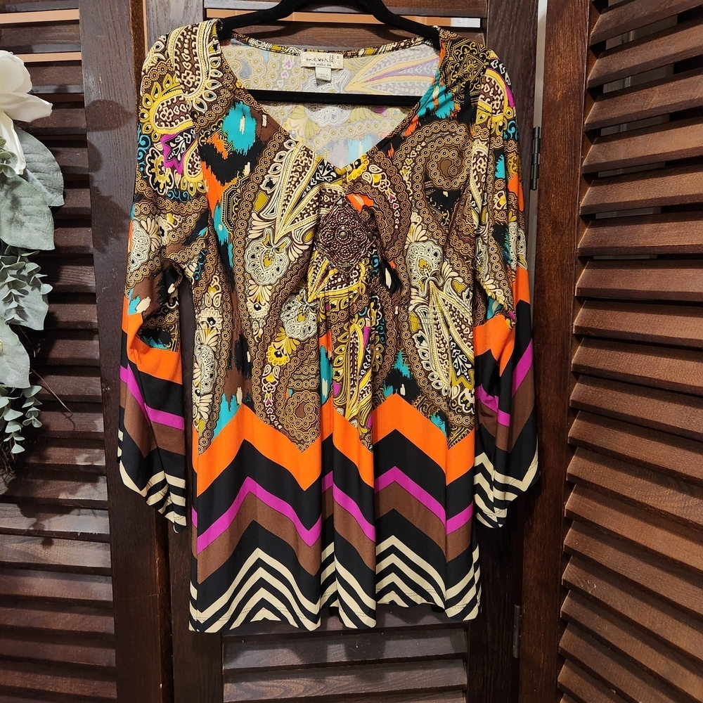 ONE WORLD Brown Orange Pink Blue Paisley Chevron V-Neck Tunic